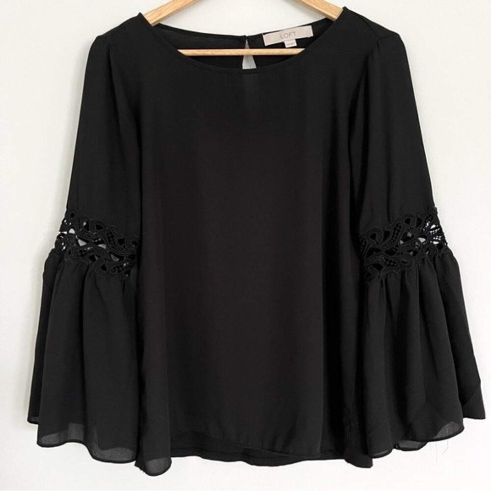 Loft Black Mixed Media Bell Flare Sleeve Blouse with Lace Cutouts, Size XS